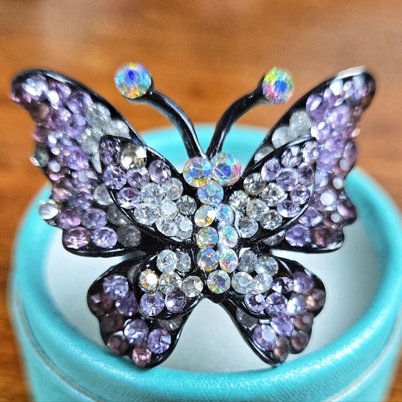 Purple Rhinestone Black Silver Tone Butterfly Ring Size 7 Adjustedble - Picture 10 of 17